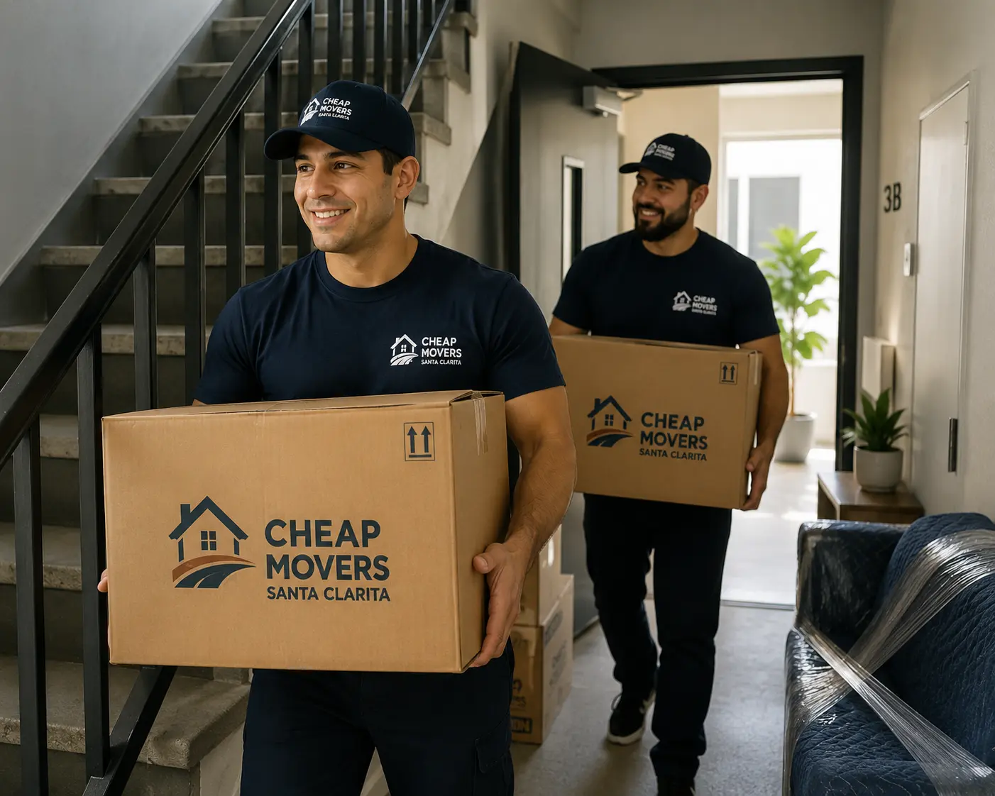 Apartment movers carrying moving boxes during a residential move in Santa Clarita