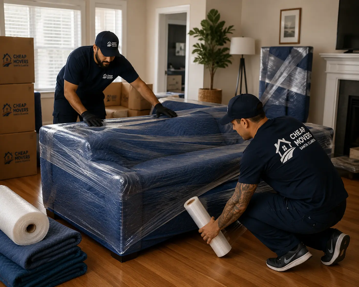 Professional movers wrapping furniture for safe transportation in Santa Clarita