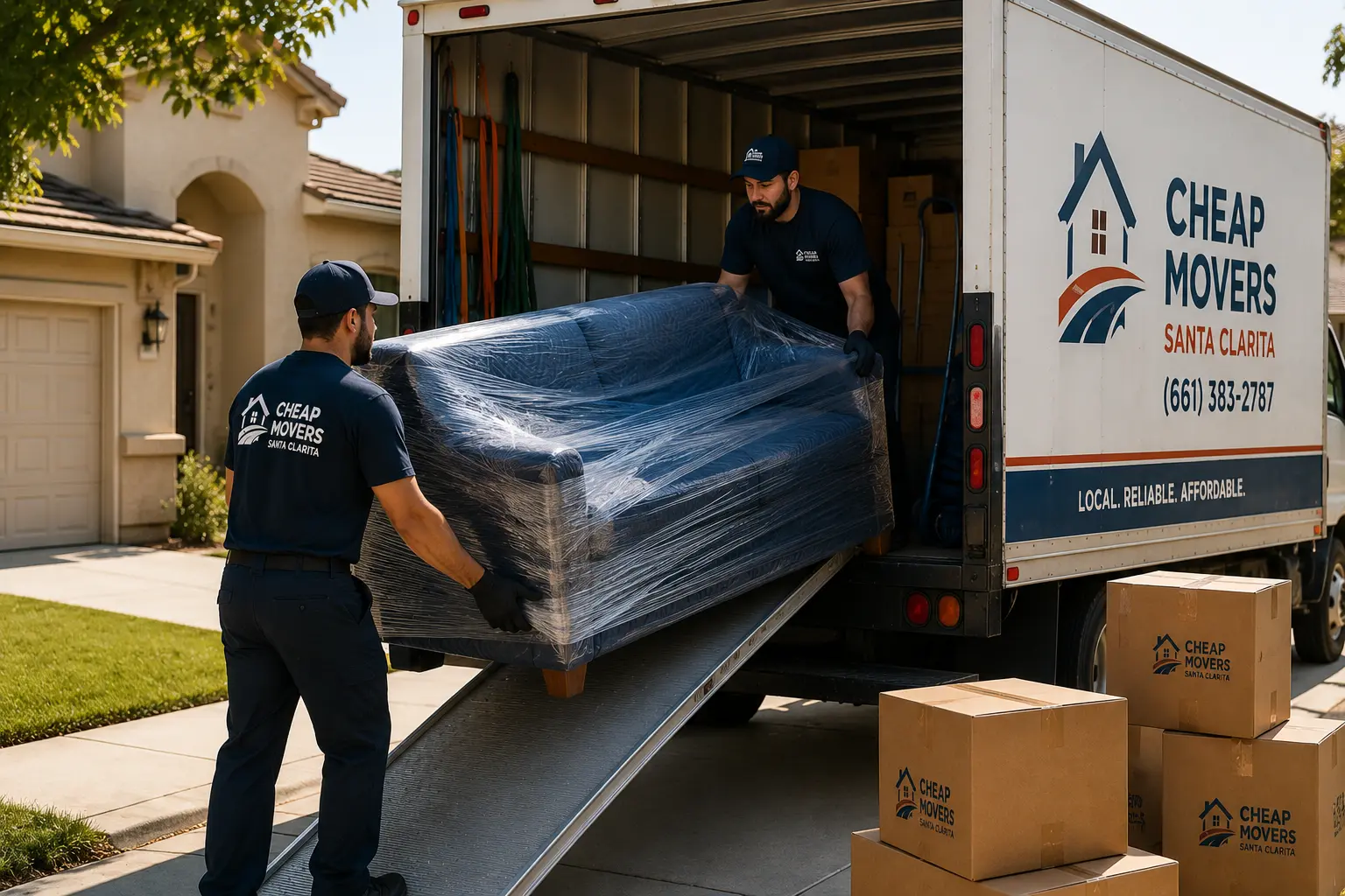 Professional movers loading household furniture into a moving truck in Santa Clarita